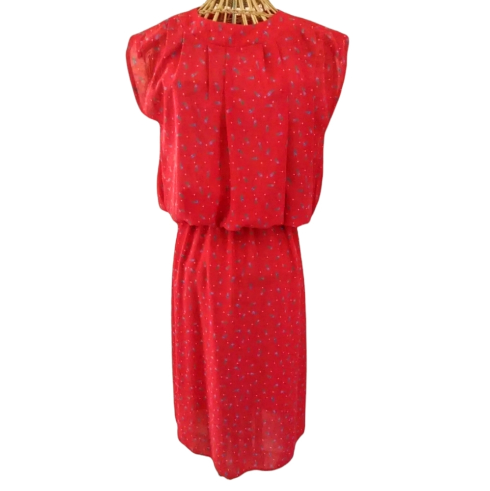 VTG 80's Blouson Waist Dress Red w/ Purple Tulips By Miss Oops California